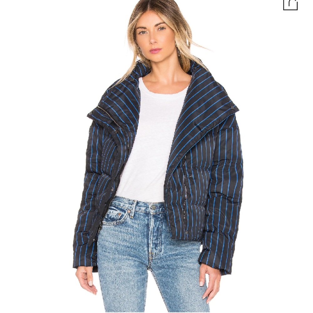 Theory Asymmetric Striped Puffer Jacket In Black Multi size m